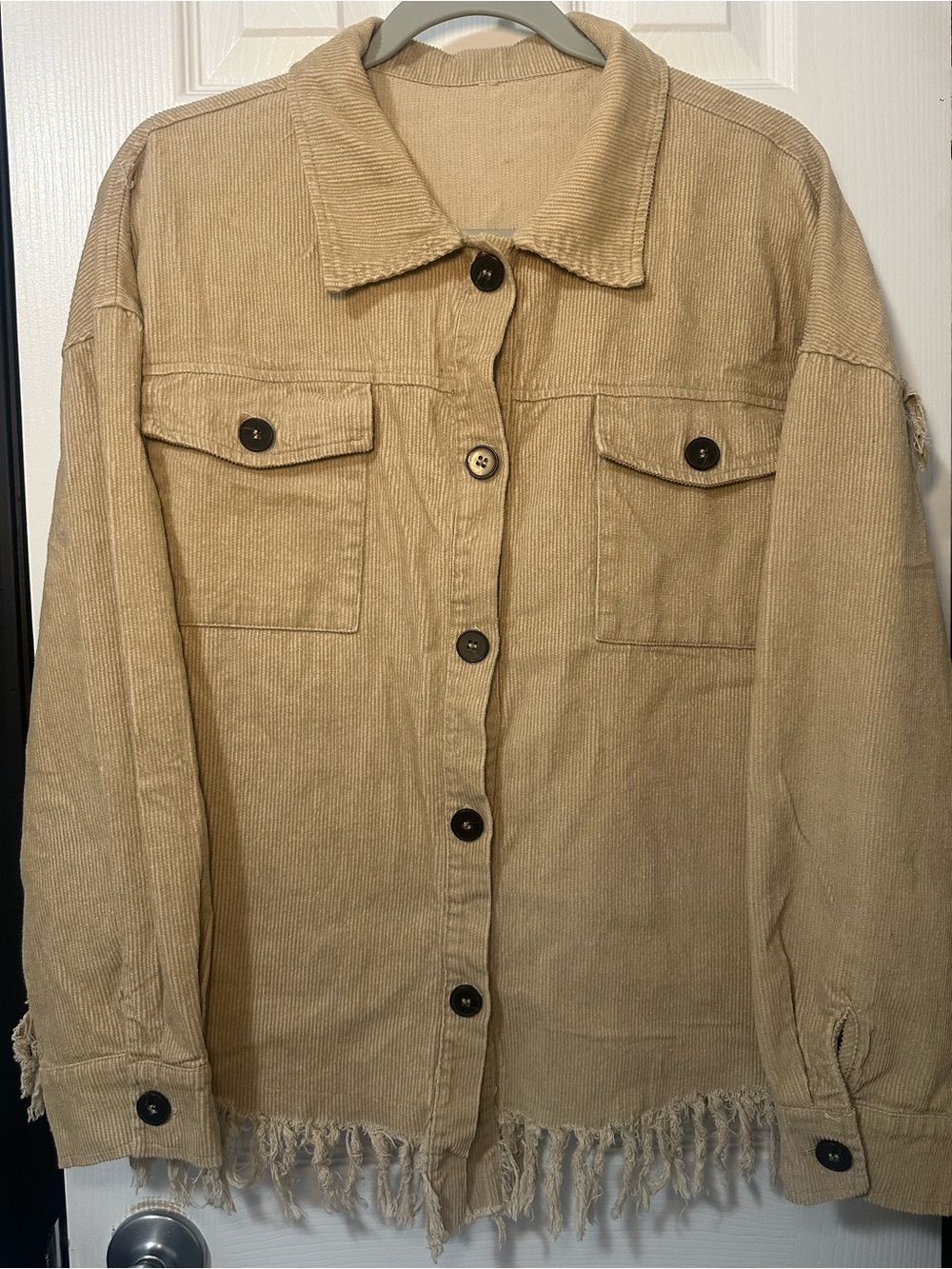 Corduroy Button-Front Jacket in Tan with Frayed Hem